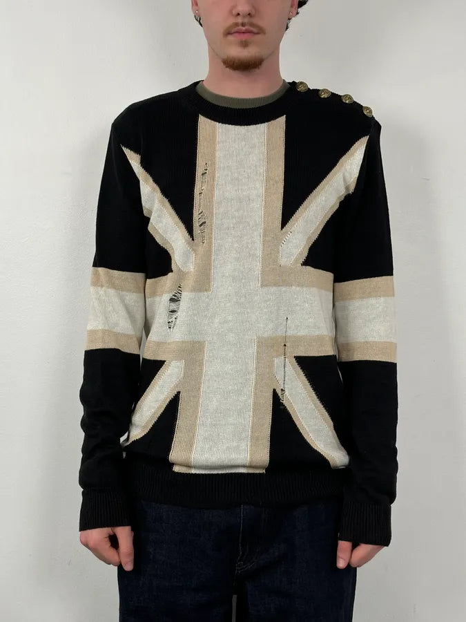 SS2016 Balmain Black Union Jack Wool Distressed Sweater HXYFzUW 1