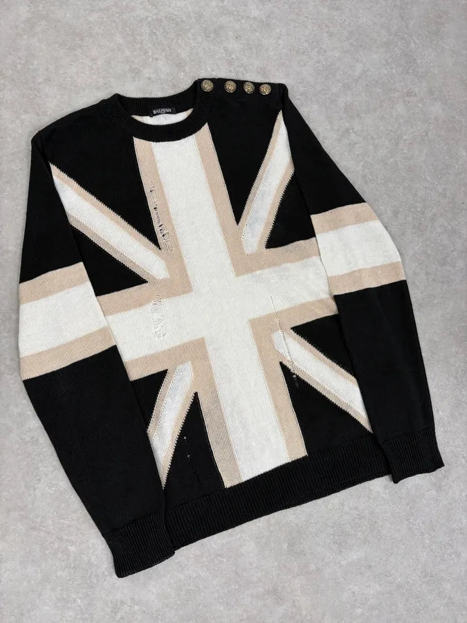 SS2016 Balmain Black Union Jack Wool Distressed Sweater HXYFzUW 3