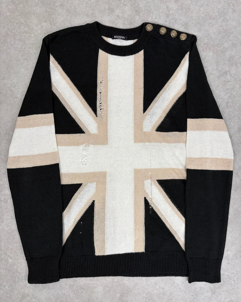 SS2016 Balmain Black Union Jack Wool Distressed Sweater HXYFzUW 0