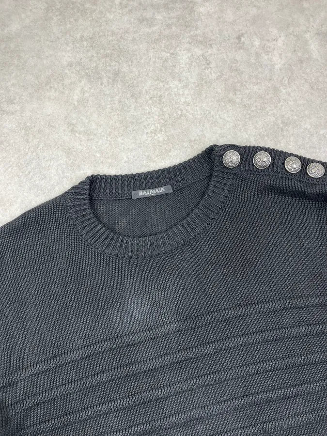 AW2018 Balmain Black Faded Wool Buttoned Signature Ribbed Sweater iHrgFjO 4