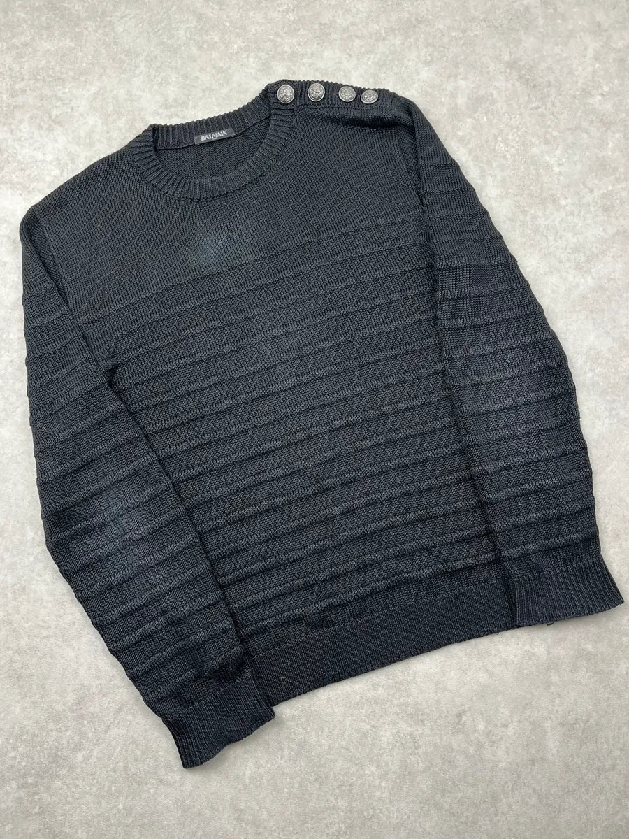 AW2018 Balmain Black Faded Wool Buttoned Signature Ribbed Sweater iHrgFjO 3