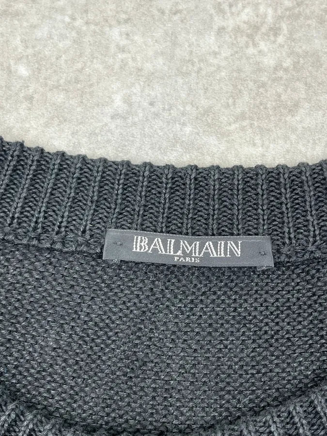 AW2018 Balmain Black Faded Wool Buttoned Signature Ribbed Sweater iHrgFjO 8