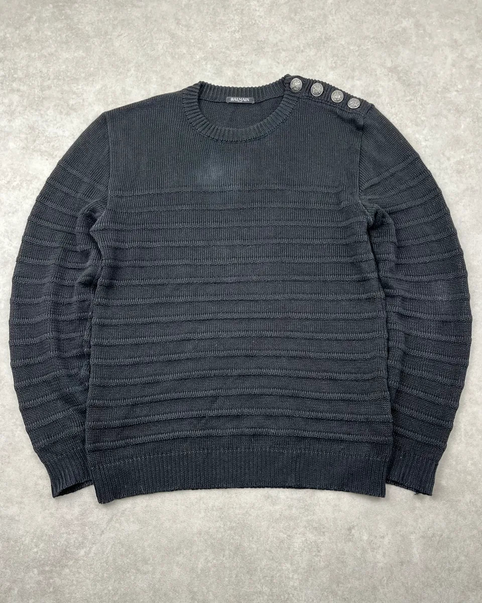 AW2018 Balmain Black Faded Wool Buttoned Signature Ribbed Sweater iHrgFjO 0