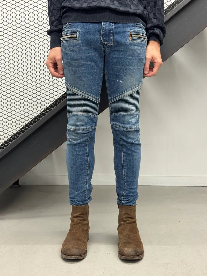 SS2015 Balmain Blue Biker Skinny Denim Jeans ScnTevk 1
