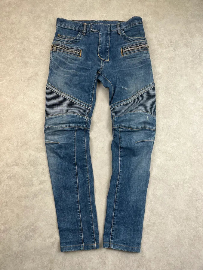 SS2015 Balmain Blue Biker Skinny Denim Jeans ScnTevk 0