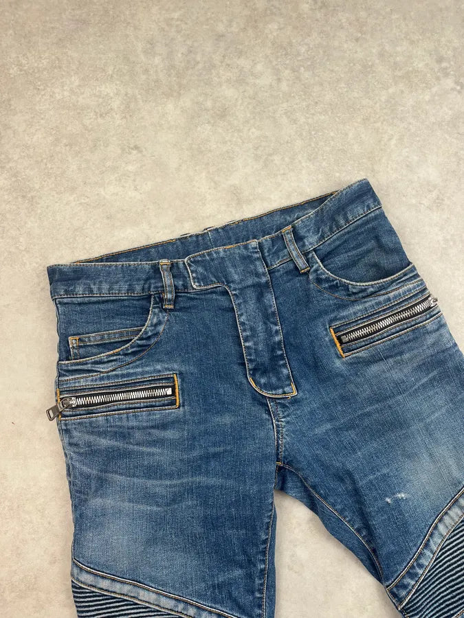SS2015 Balmain Blue Biker Skinny Denim Jeans ScnTevk 4