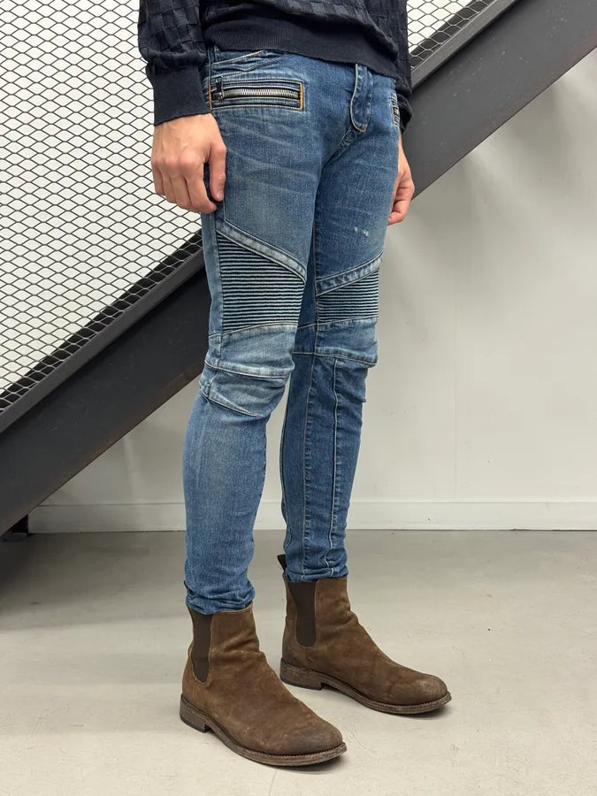SS2015 Balmain Blue Biker Skinny Denim Jeans ScnTevk 2