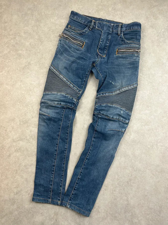 SS2015 Balmain Blue Biker Skinny Denim Jeans ScnTevk 5