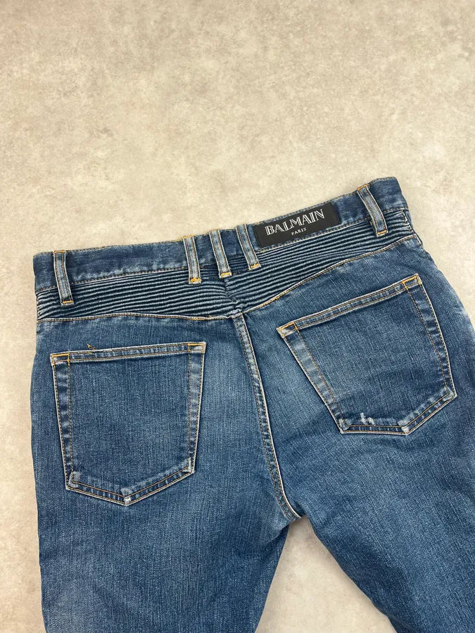 SS2015 Balmain Blue Biker Skinny Denim Jeans ScnTevk 7