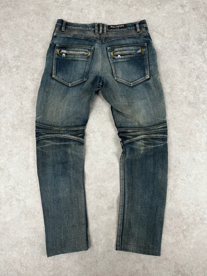 2000s Balmain Blue Washed Biker Technical Jeans NNqIwGS 4