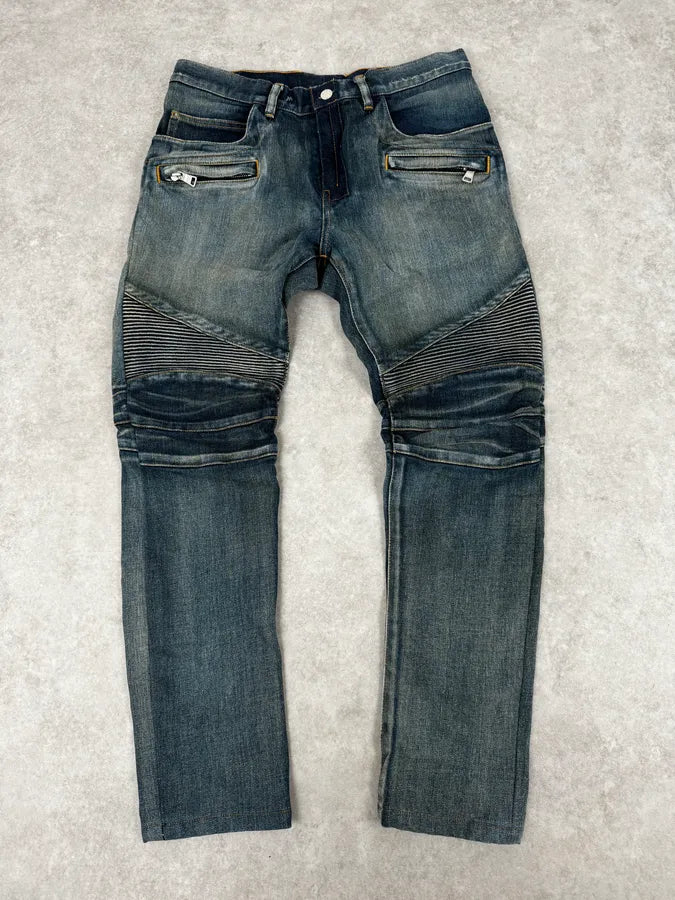 2000s Balmain Blue Washed Biker Technical Jeans NNqIwGS 0