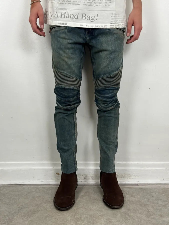 2000s Balmain Blue Washed Biker Technical Jeans NNqIwGS 1