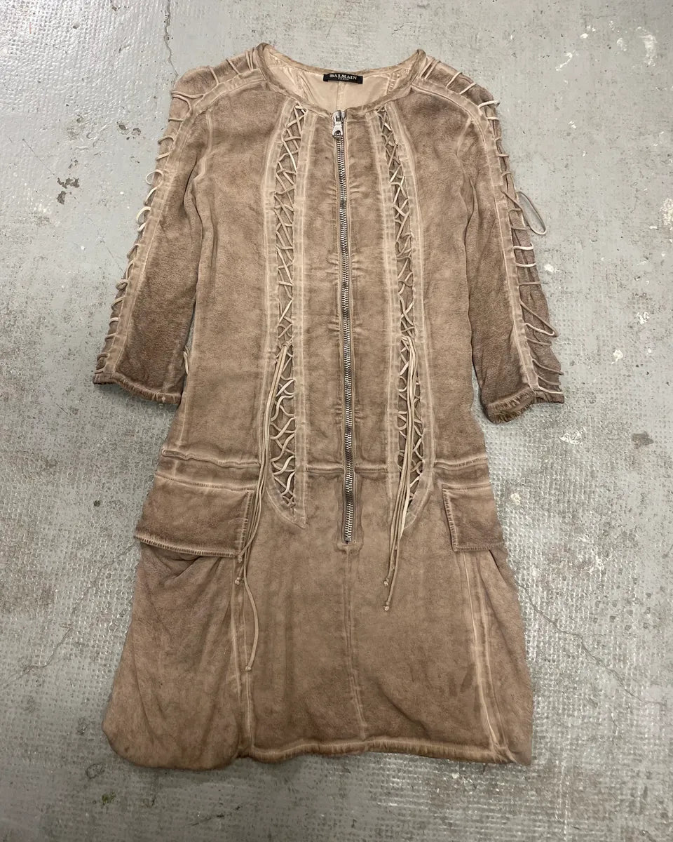 2000s Balmain Bondage Beige Suede Dress (S) 0