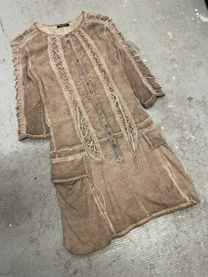 2000s Balmain Bondage Beige Suede Dress (S) 4