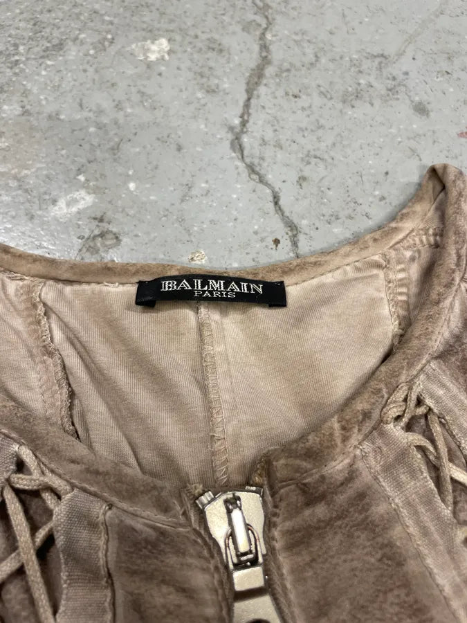 2000s Balmain Bondage Beige Suede Dress (S) 5