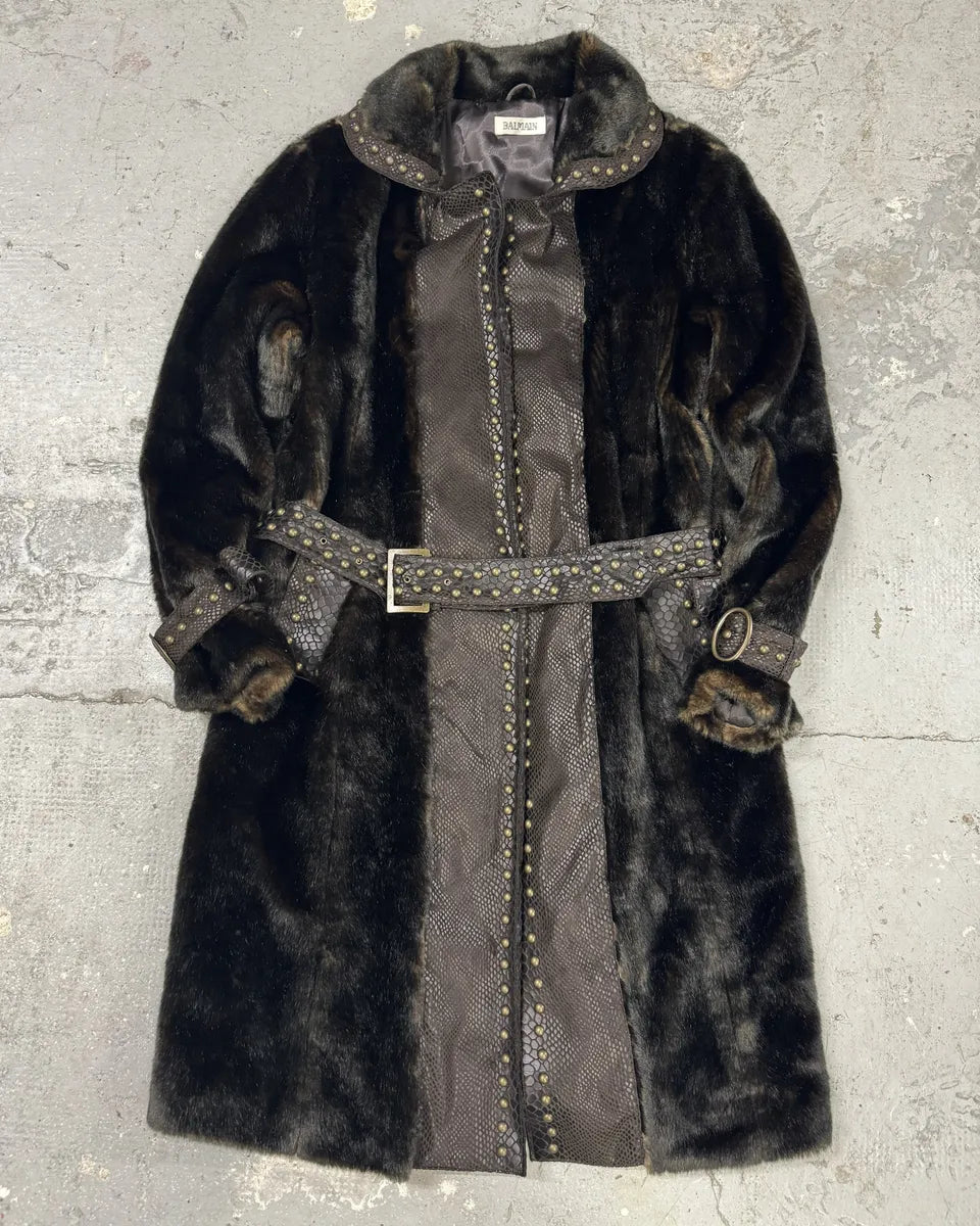 2000s Balmain Brown Long Fur Leather Embellished Coat (L) 0
