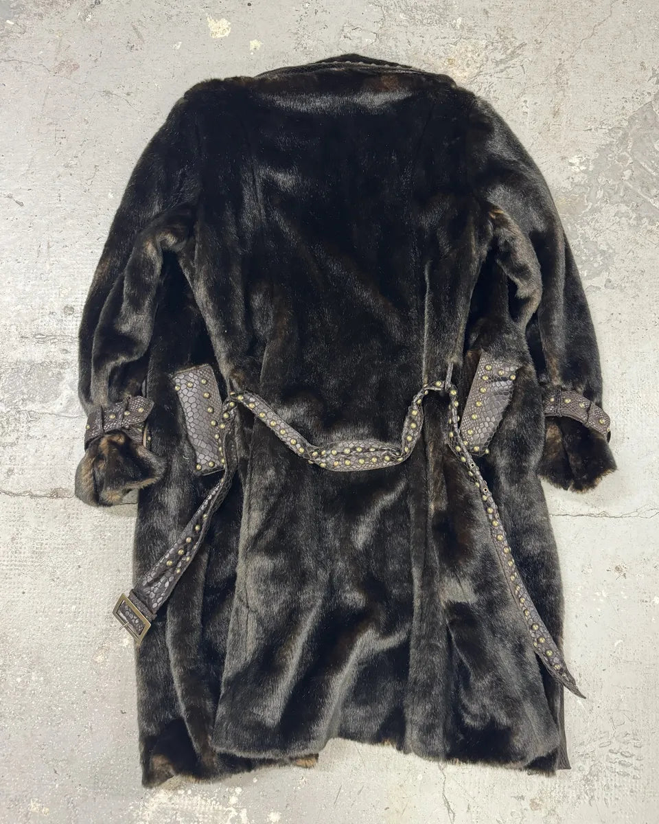 2000s Balmain Brown Long Fur Leather Embellished Coat (L) 1