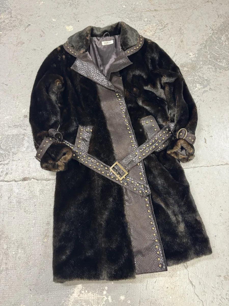 2000s Balmain Brown Long Fur Leather Embellished Coat (L) 2