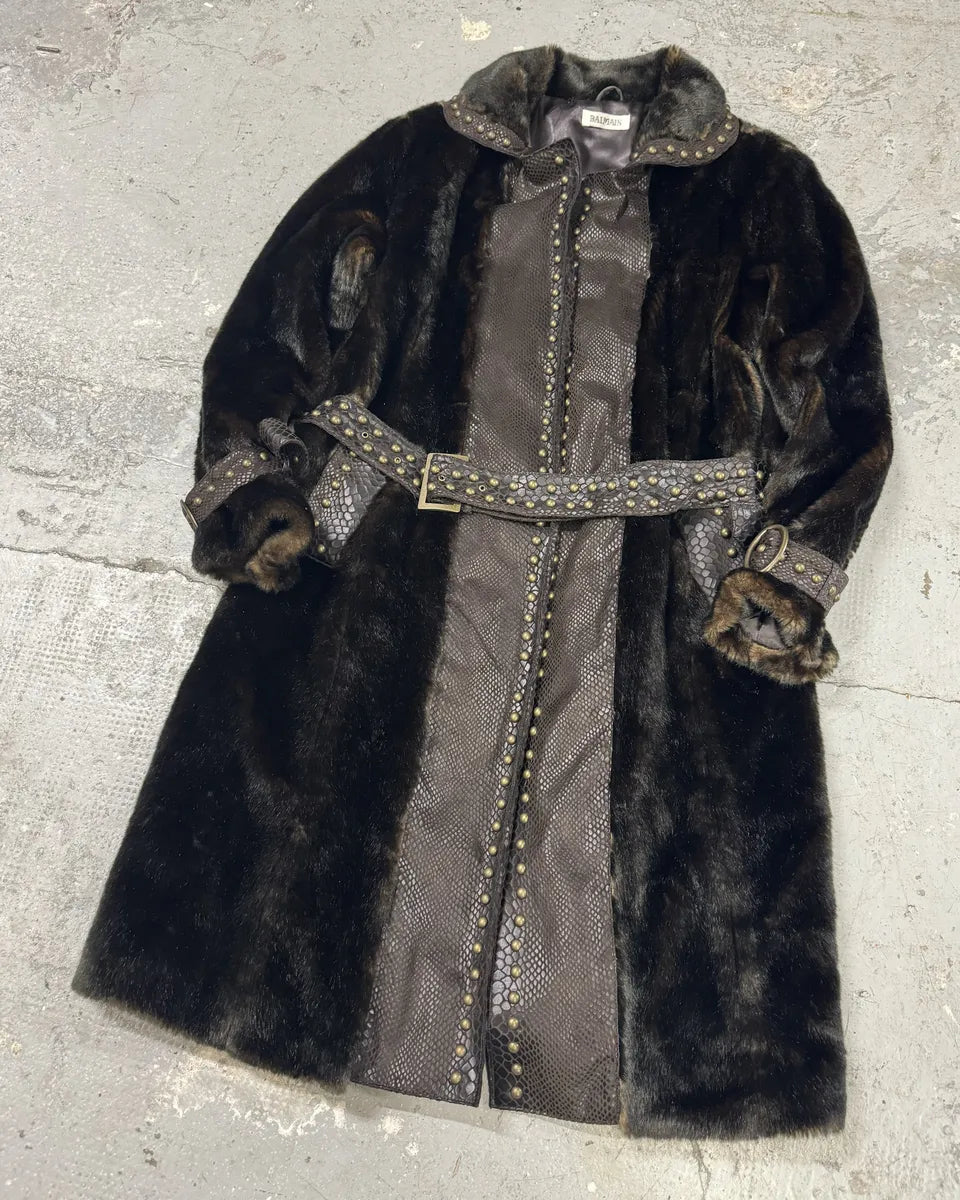 2000s Balmain Brown Long Fur Leather Embellished Coat (L) 3