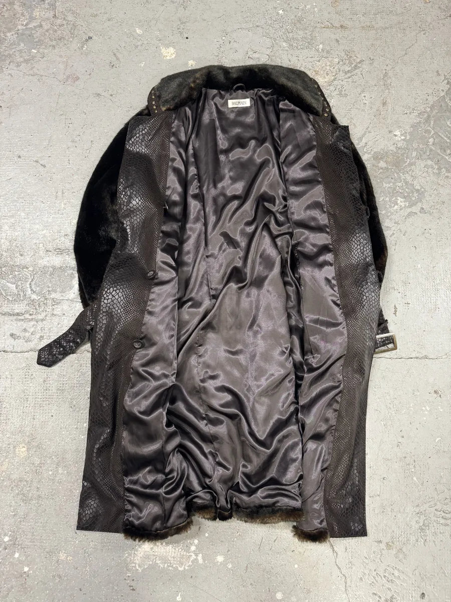 2000s Balmain Brown Long Fur Leather Embellished Coat (L) 4