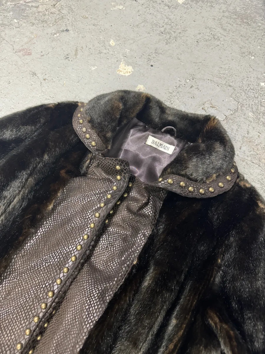 2000s Balmain Brown Long Fur Leather Embellished Coat (L) 5