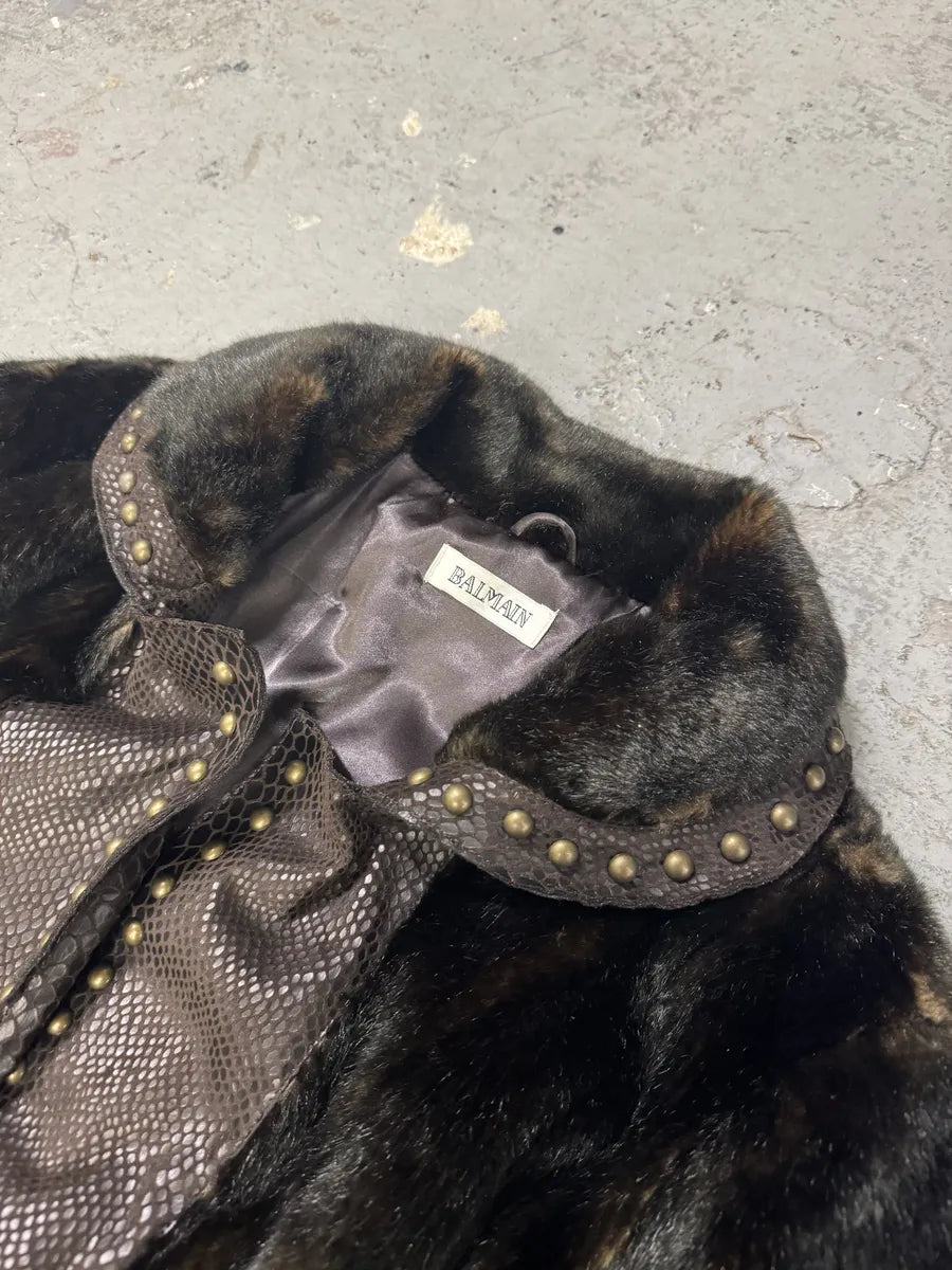 2000s Balmain Brown Long Fur Leather Embellished Coat (L) 6