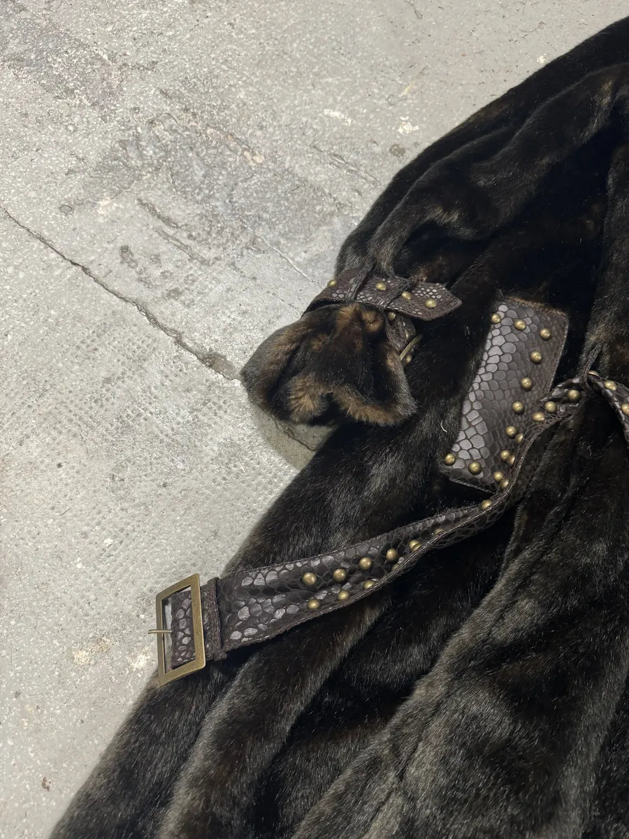 2000s Balmain Brown Long Fur Leather Embellished Coat (L) 8