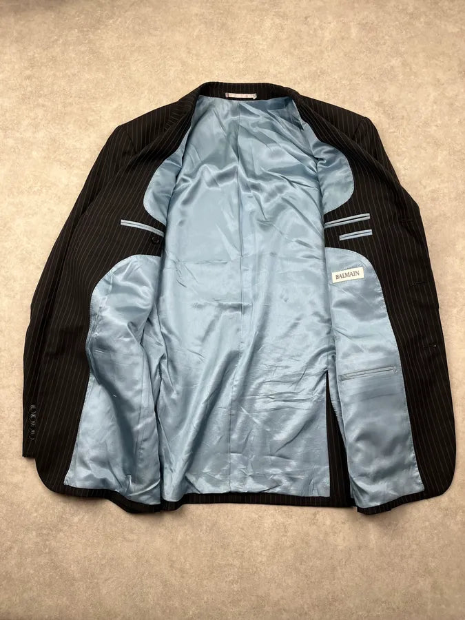 2000s Balmain Dark Wool Pinstriped Suit Jacket HLMYkkT 8