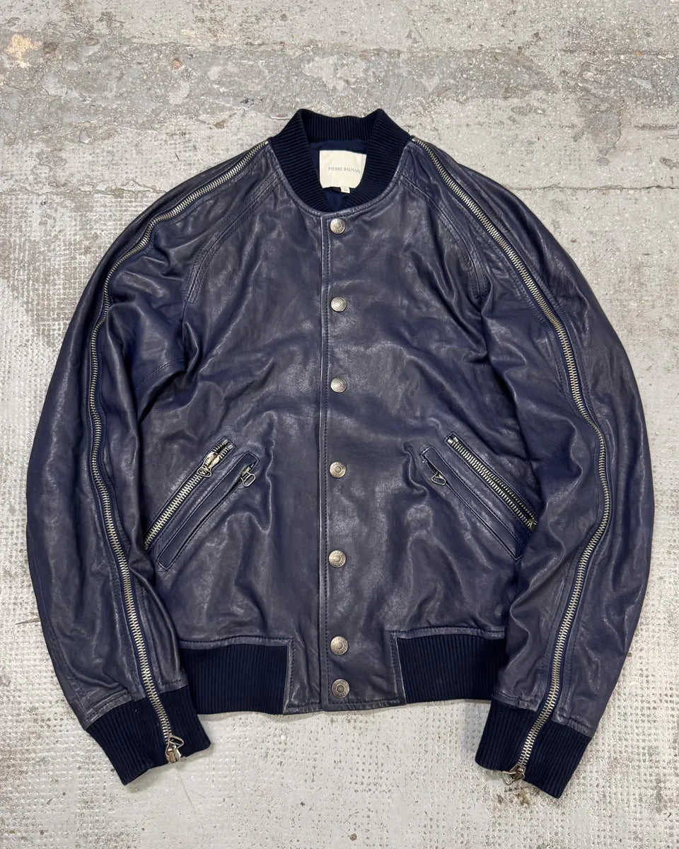 2000s Balmain Full Zip Sleeves Navy Leather Bomber Jacket xnzVeVX 0
