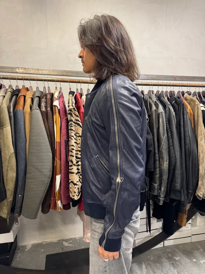 2000s Balmain Full Zip Sleeves Navy Leather Bomber Jacket xnzVeVX 1