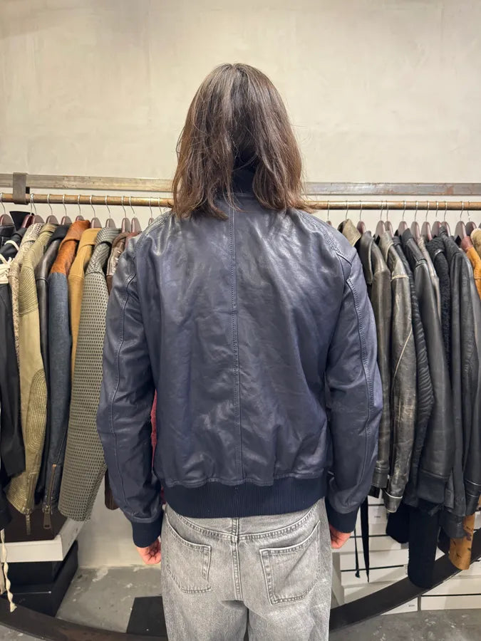 2000s Balmain Full Zip Sleeves Navy Leather Bomber Jacket xnzVeVX 2