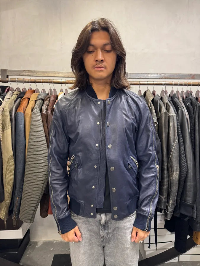 2000s Balmain Full Zip Sleeves Navy Leather Bomber Jacket xnzVeVX 3