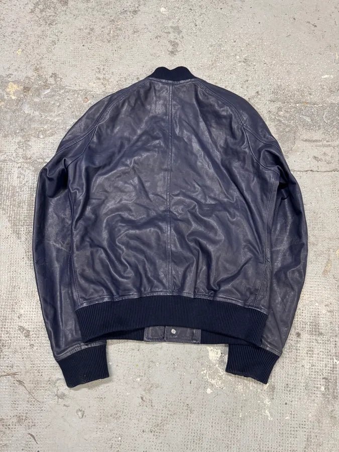 2000s Balmain Full Zip Sleeves Navy Leather Bomber Jacket xnzVeVX 4