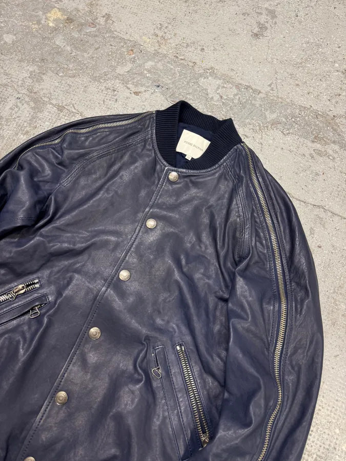 2000s Balmain Full Zip Sleeves Navy Leather Bomber Jacket xnzVeVX 5