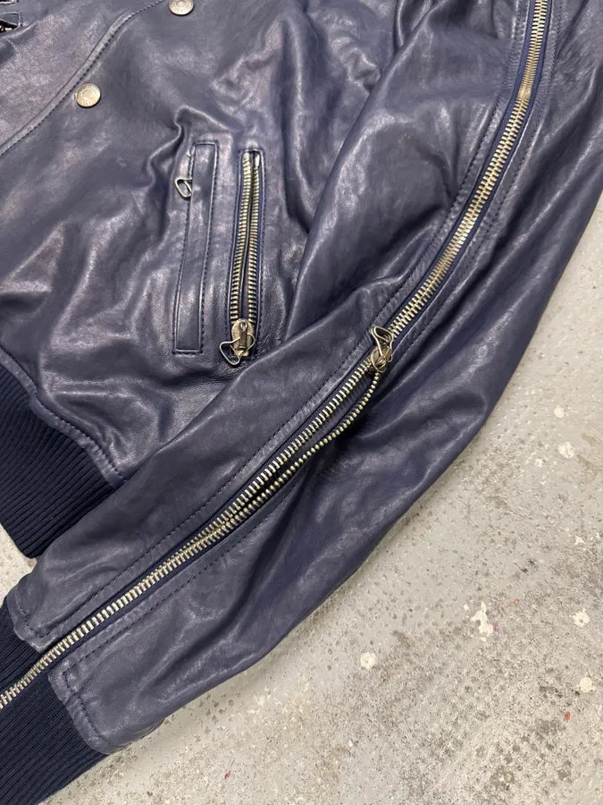 2000s Balmain Full Zip Sleeves Navy Leather Bomber Jacket xnzVeVX 6