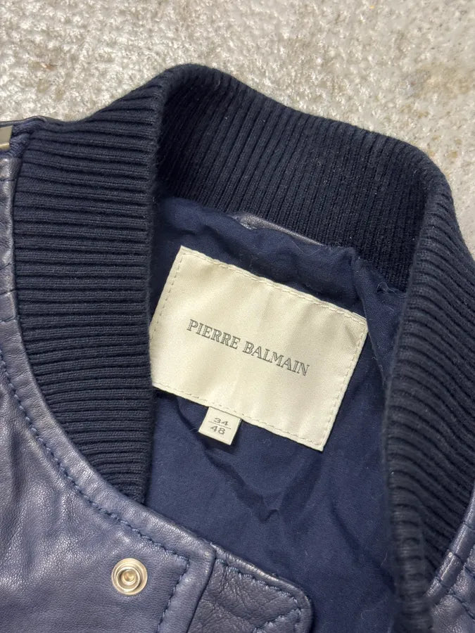 2000s Balmain Full Zip Sleeves Navy Leather Bomber Jacket xnzVeVX 7
