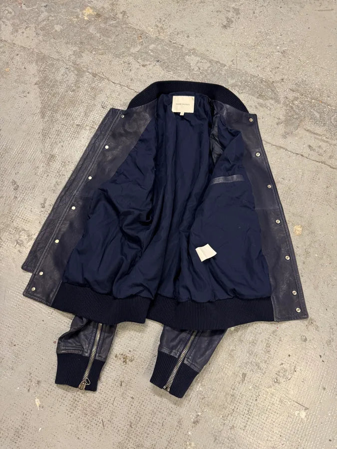 2000s Balmain Full Zip Sleeves Navy Leather Bomber Jacket xnzVeVX 8