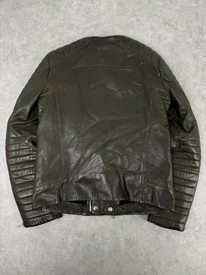 2000s Balmain Khaki Quilted Biker Leather Jacket  EhiXoMQ 4