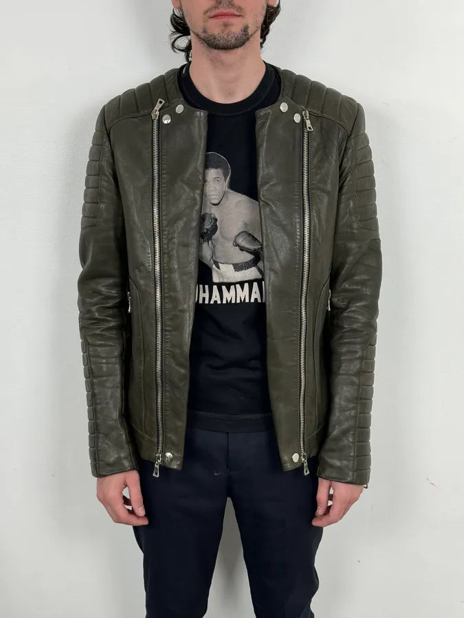 2000s Balmain Khaki Quilted Biker Leather Jacket  EhiXoMQ 2