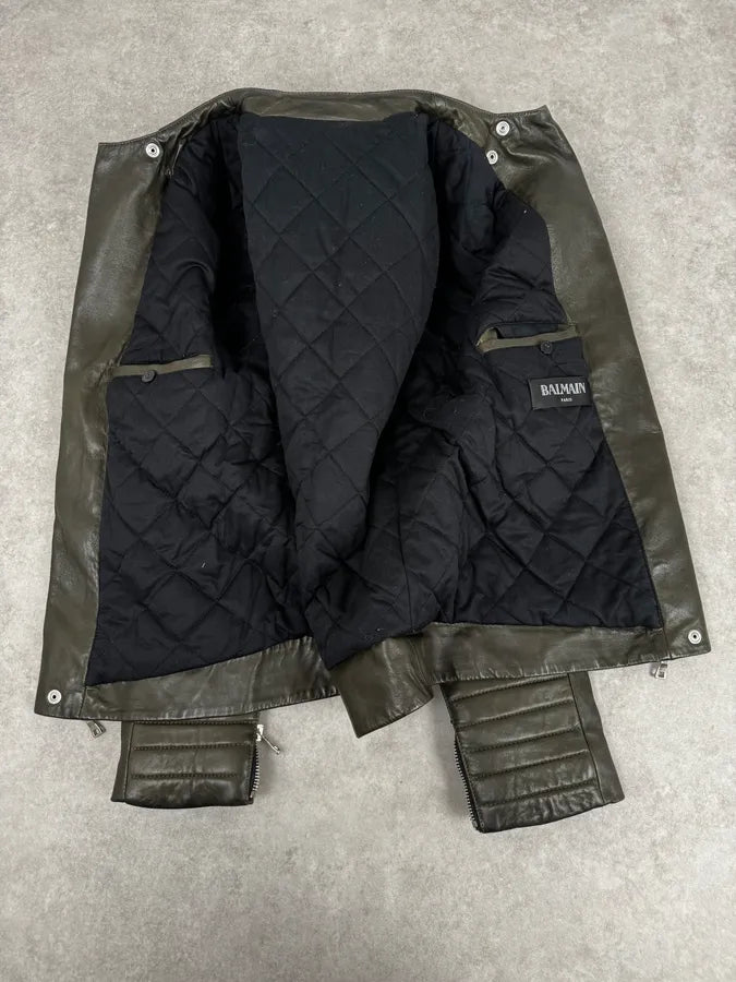 2000s Balmain Khaki Quilted Biker Leather Jacket  EhiXoMQ 8