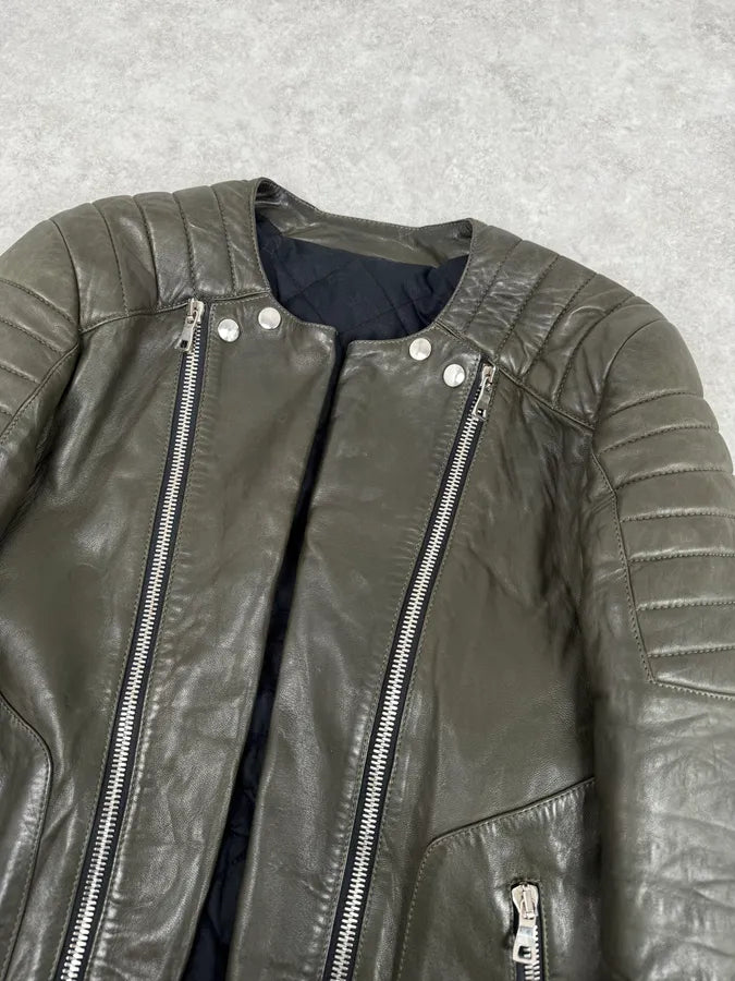2000s Balmain Khaki Quilted Biker Leather Jacket  EhiXoMQ 5