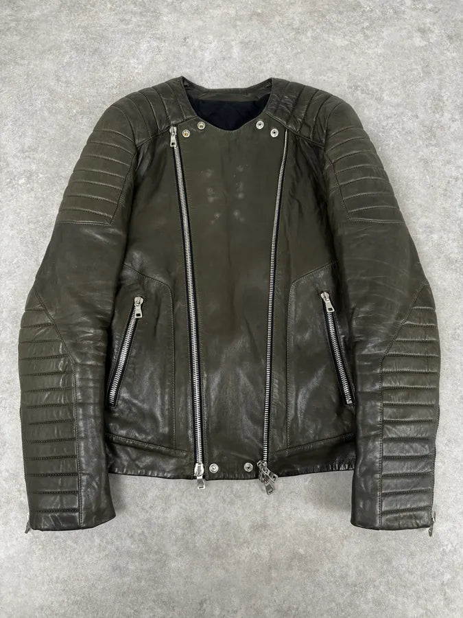 2000s Balmain Khaki Quilted Biker Leather Jacket  EhiXoMQ 0