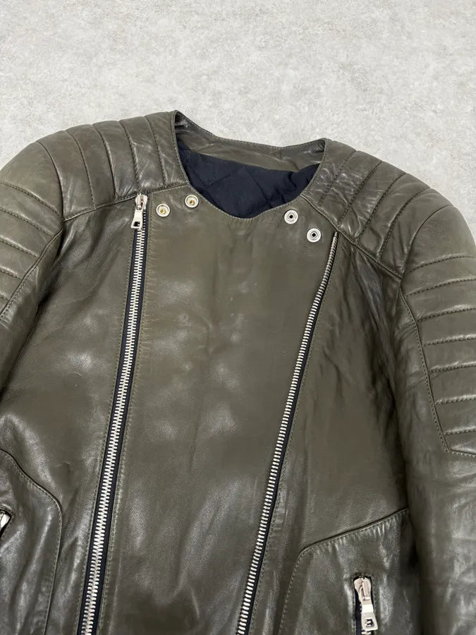 2000s Balmain Khaki Quilted Biker Leather Jacket  EhiXoMQ 6
