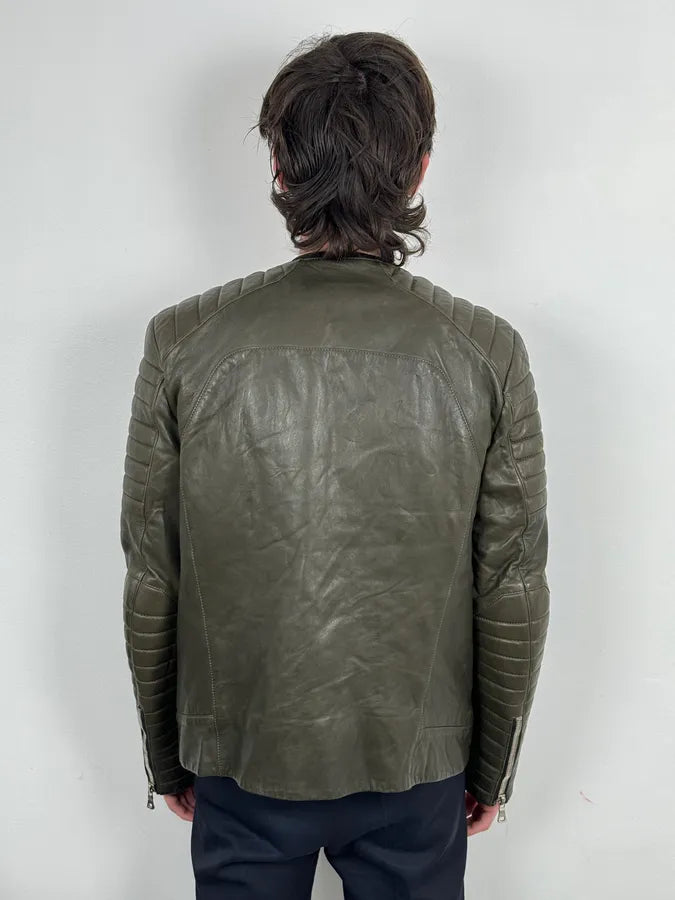 2000s Balmain Khaki Quilted Biker Leather Jacket  EhiXoMQ 3