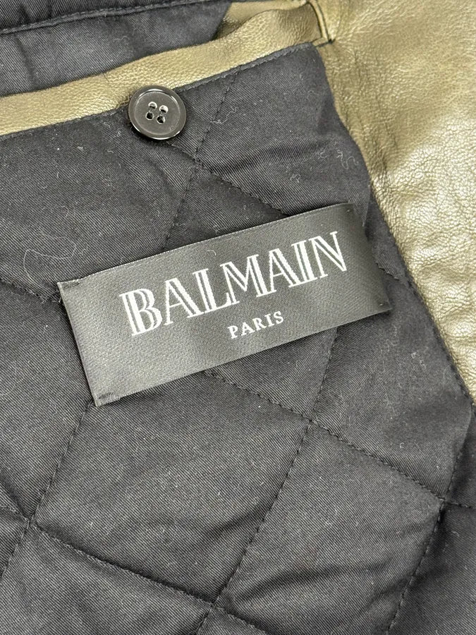 2000s Balmain Khaki Quilted Biker Leather Jacket  EhiXoMQ 10