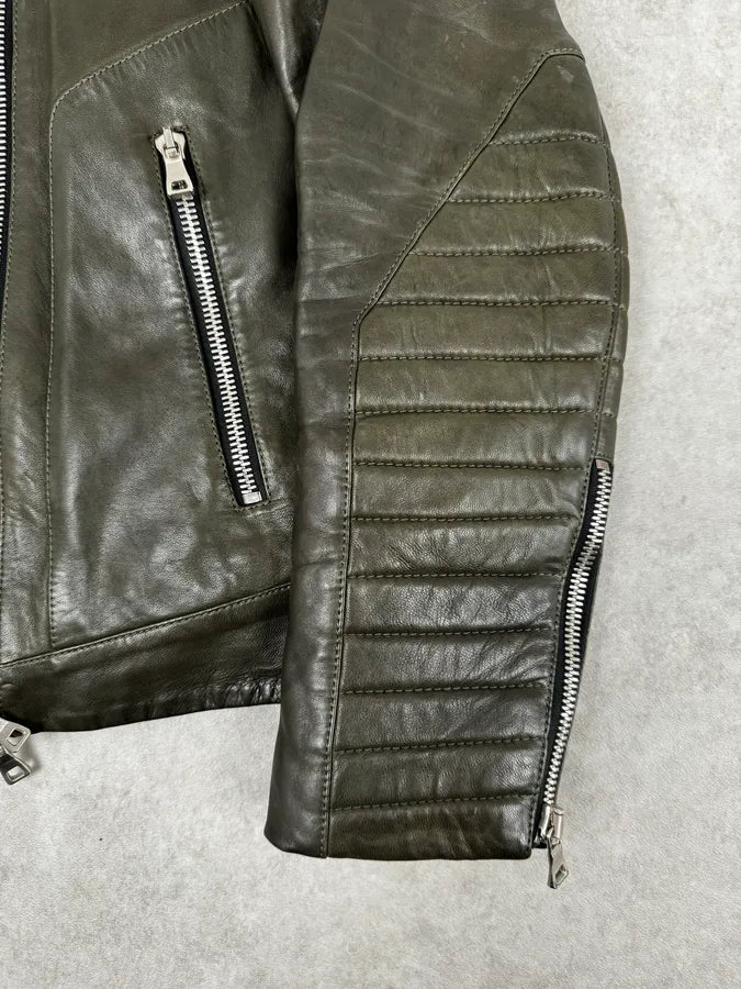 2000s Balmain Khaki Quilted Biker Leather Jacket  EhiXoMQ 9