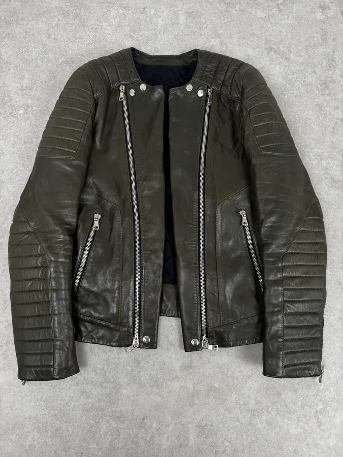 2000s Balmain Khaki Quilted Biker Leather Jacket  EhiXoMQ 1