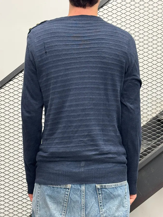 SS2017 Balmain Navy Distressed Buttoned Sweater dbBjJjt 2