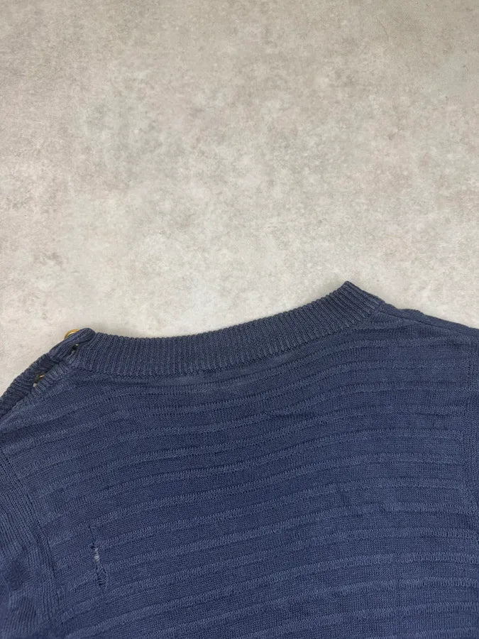 SS2017 Balmain Navy Distressed Button Sweater dbBjJjt 4