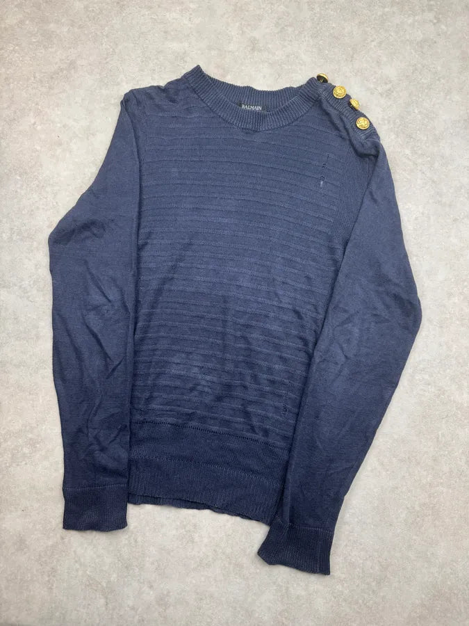 SS2017 Balmain Navy Distressed Button Sweater dbBjJjt 3